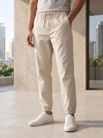 Model wearing cream structured joggers and minimalist white leather sneakers in a modern outdoor setting.