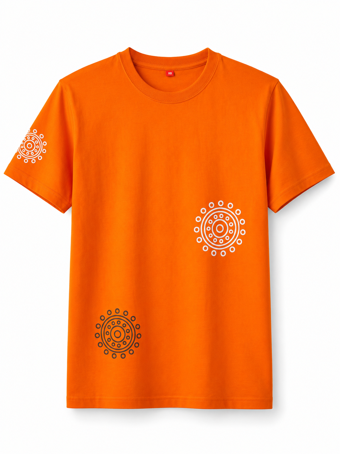 Front view of an oversized orange cotton T-shirt with white mandala graphic on the chest, black mandala print near the hem, and matching sleeve print.