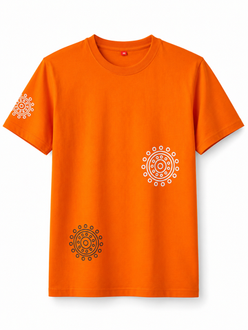 Front view of an oversized orange cotton T-shirt with white mandala graphic on the chest, black mandala print near the hem, and matching sleeve print.