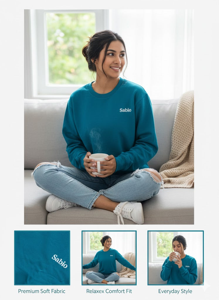Women's Teal Blue Sweatshirt | Comfort Fit Warm Winter Pullover with Ribbed Cuffs & Hem