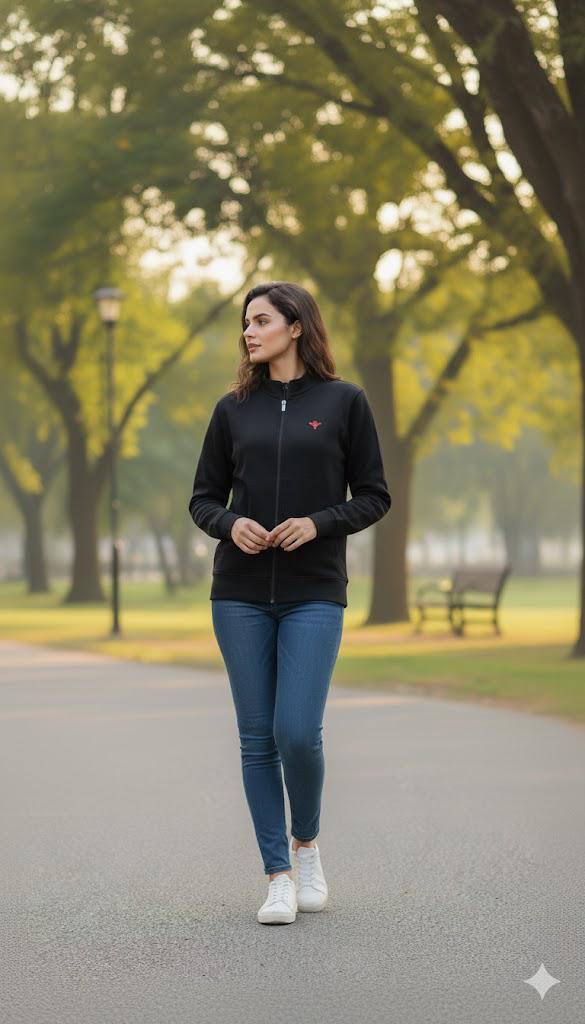 Women's Premium Black Zipper Sweatshirt | Casual Winter Jacket for Outdoor, Travel & Gym