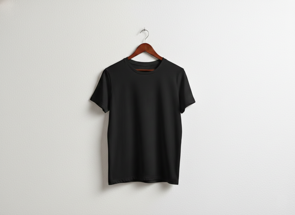 Front view of a plain black minimalist short-sleeve t-shirt on a wooden hanger against a clean white textured wall.