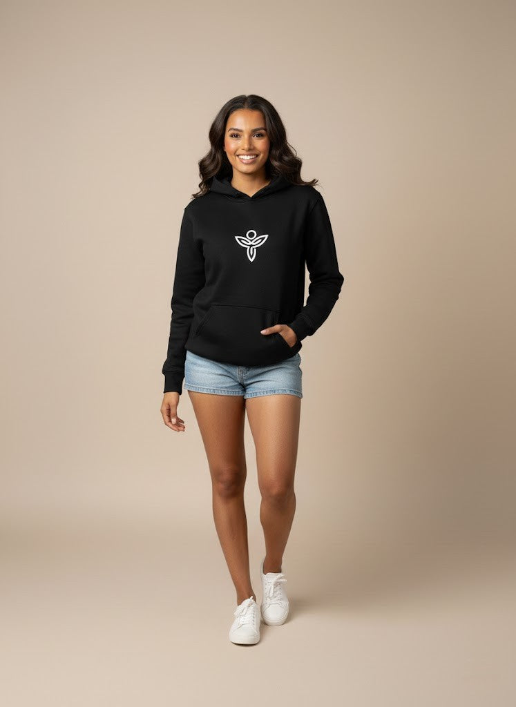 Woman wearing a black Sabio hoodie with a logo 