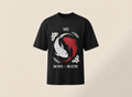 A black short-sleeve t-shirt with a graphic of two koi fish in a yin-yang style, one red and one white, with the text 'SABIO' and 'TWO PATHS - ONE DESTINY' on a light beige background.