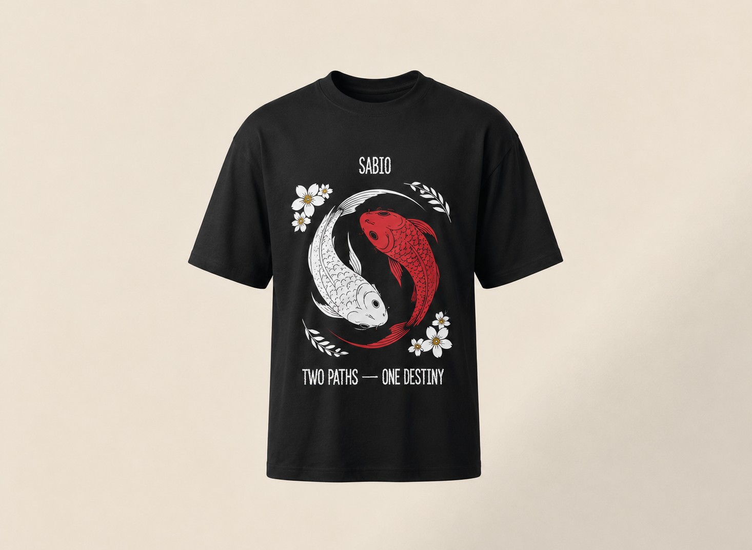 A black short-sleeve t-shirt with a graphic of two koi fish in a yin-yang style, one red and one white, with the text 'SABIO' and 'TWO PATHS - ONE DESTINY' on a light beige background.