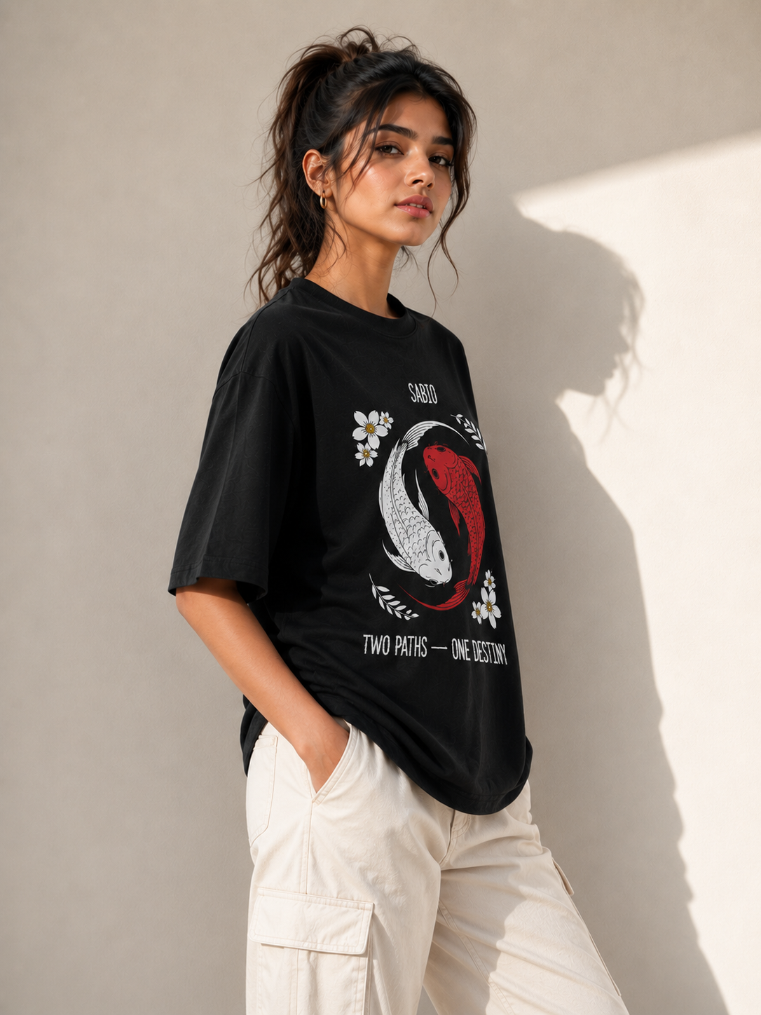 A black short-sleeve t-shirt with a graphic of two koi fish in a yin-yang style, one red and one white, with the text 'SABIO' and 'TWO PATHS - ONE DESTINY' on a light beige background.
