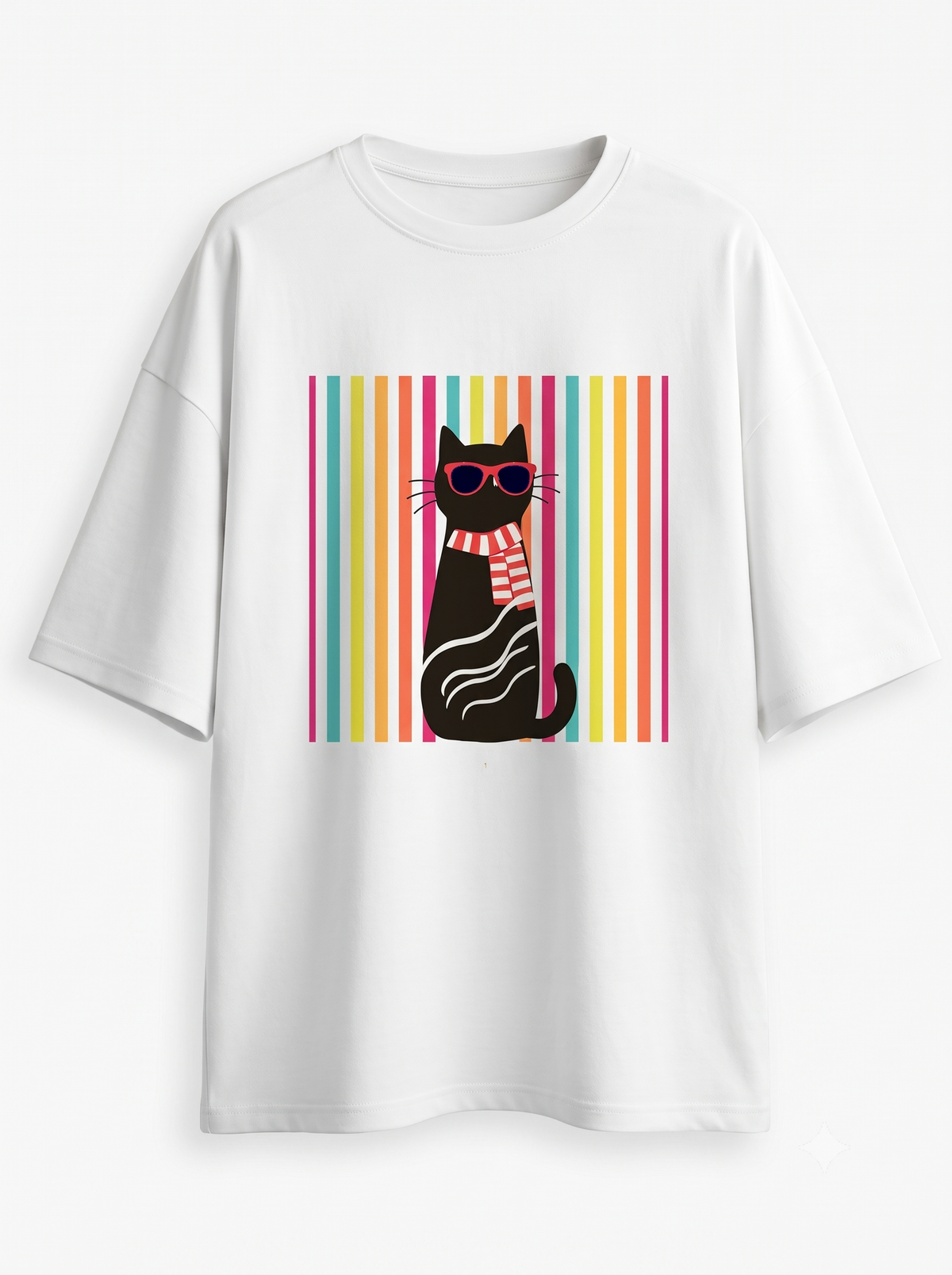 Front view of white oversized drop-shoulder graphic t-shirt featuring retro striped cat design.