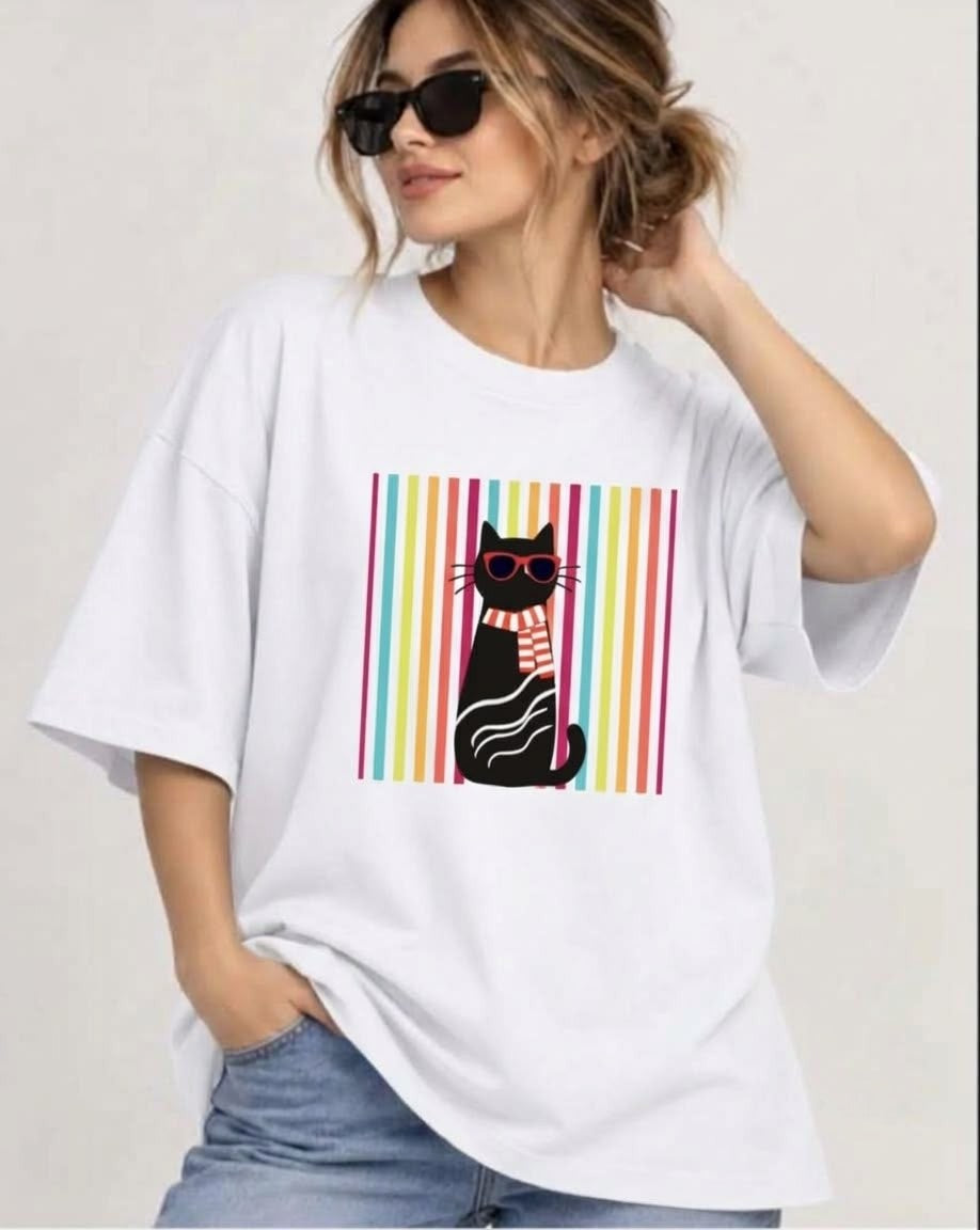 Front view of white oversized drop-shoulder graphic t-shirt featuring retro striped cat design.