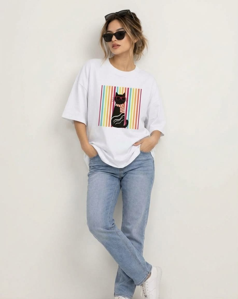 Relaxed street style fit featuring The Sabio oversized white graphic t-shirt paired with classic denim.