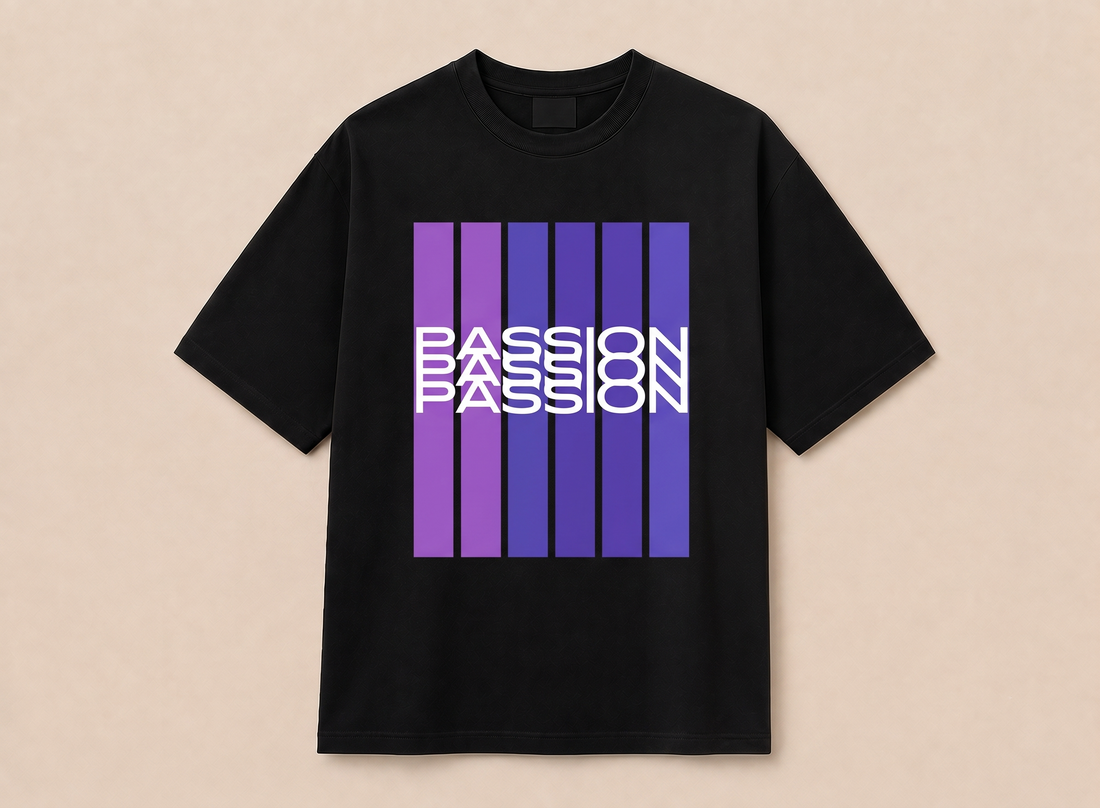 A black short-sleeve crewneck t-shirt with a graphic on the chest featuring vertical purple and magenta stripes with the word 'PASSION' printed in white across them, displayed on a light beige background.