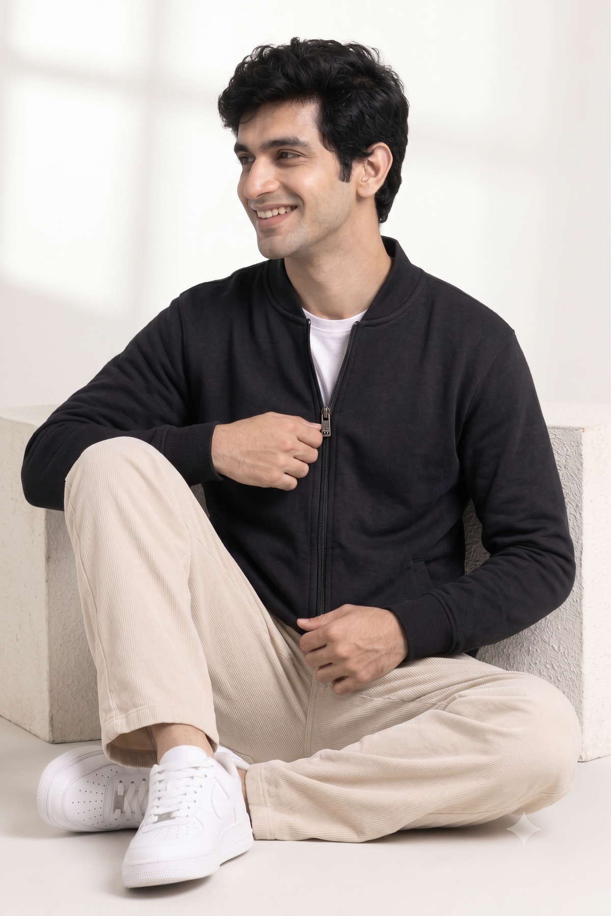 A man sitting on a concrete bench wearing a black zip-up bomber jacket, beige trousers, and white sneakers, smiling and looking to the side.