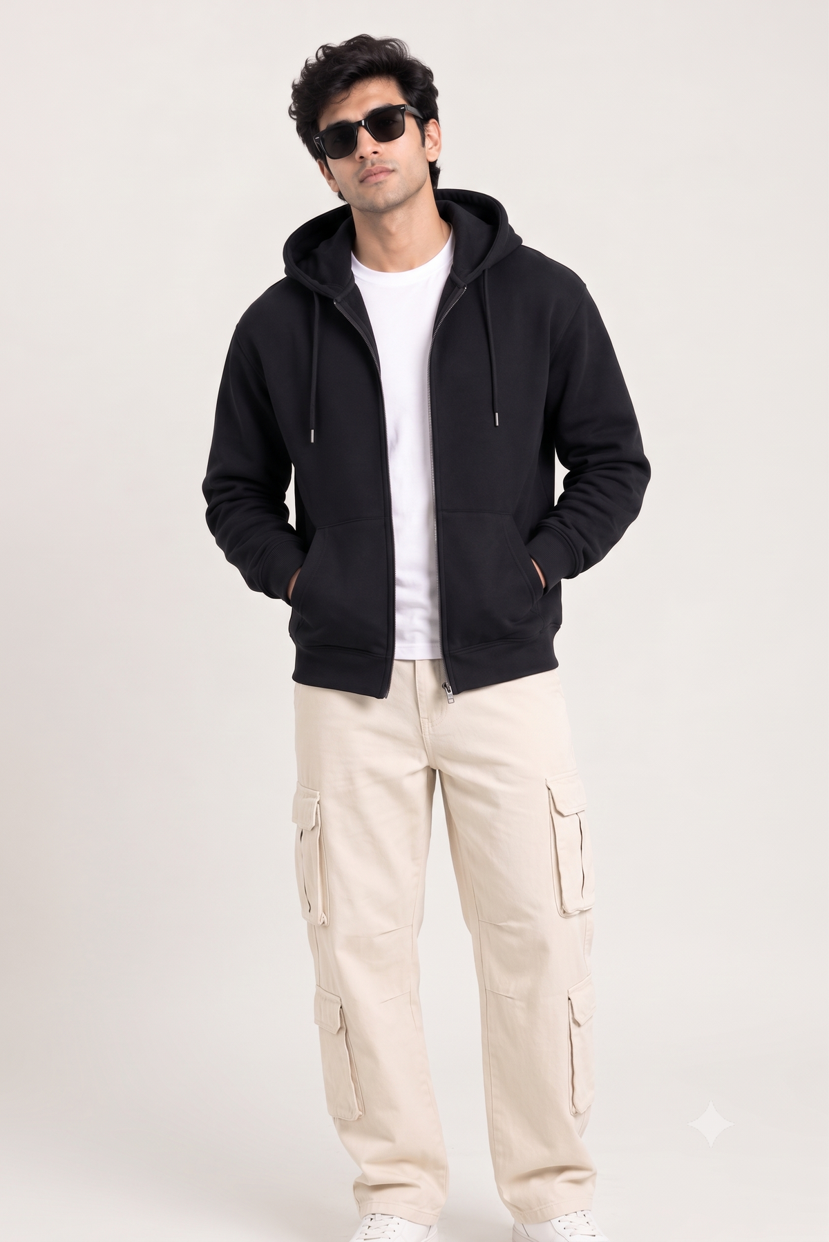 A man modeling a black zip-up hoodie over a white t-shirt and beige cargo pants, standing against a light gray studio background.