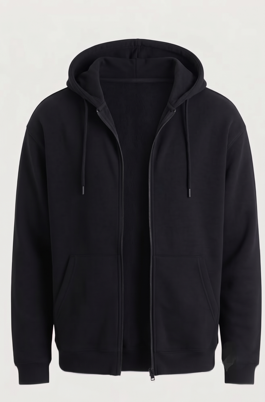A black zip-up hoodie with a drawstring hood and front pockets, shown on a clean light gray background.