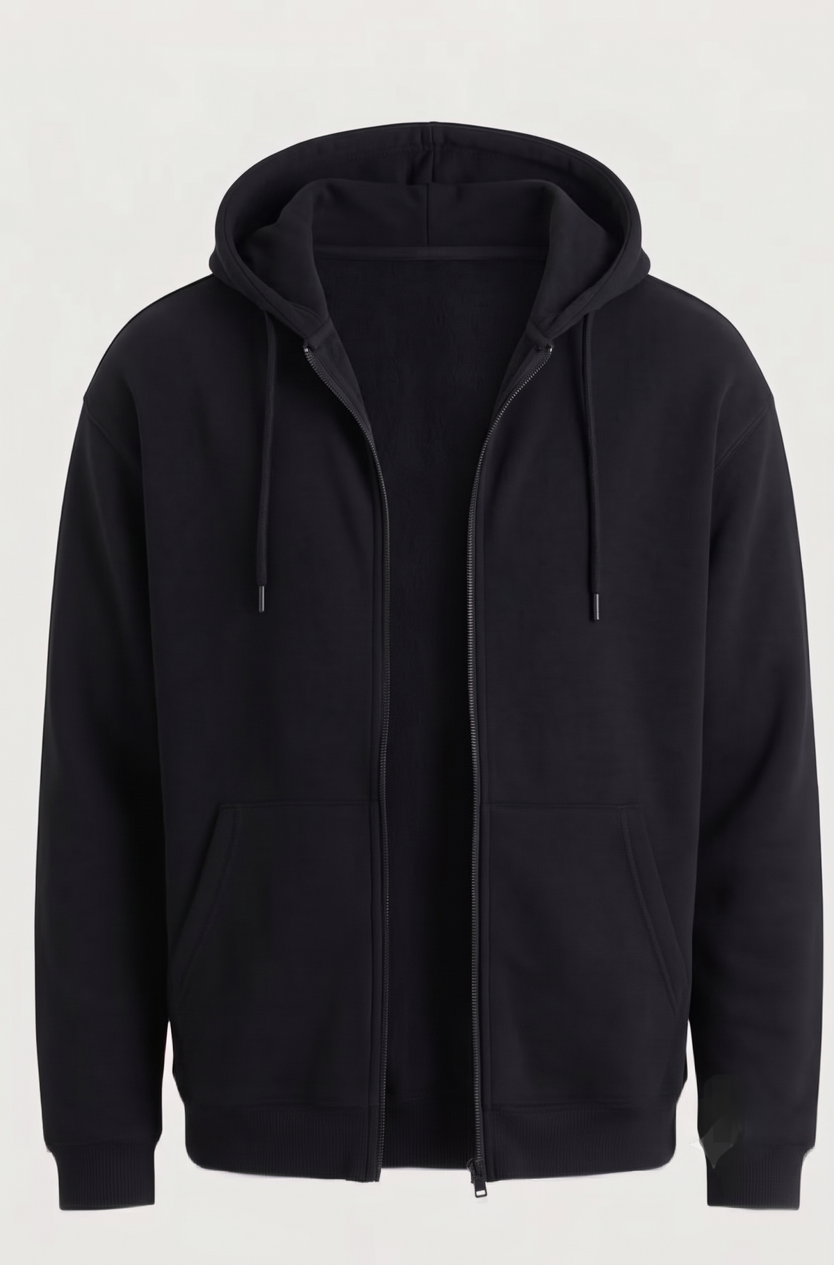 A black zip-up hoodie with a drawstring hood and front pockets, shown on a clean light gray background.