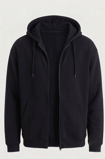 A black zip-up hoodie with a drawstring hood and front pockets, shown on a clean light gray background.