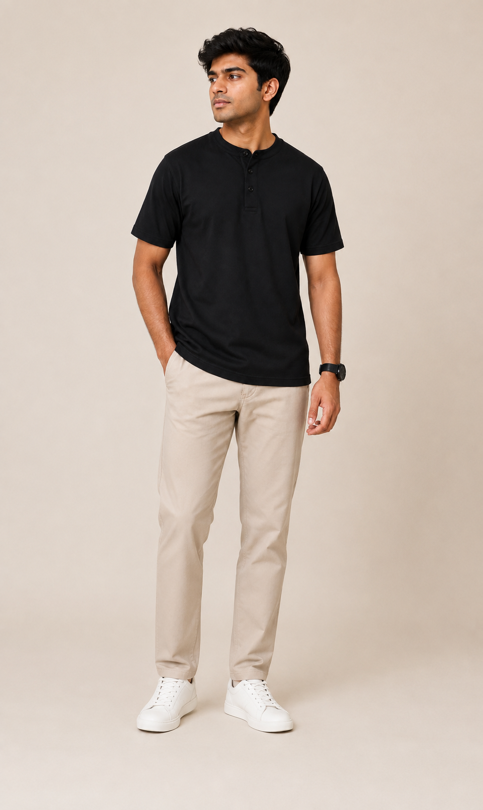 Men’s Essential Cotton Henley T-Shirt ( Black )