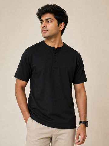 Men’s Essential Cotton Henley T-Shirt ( Black )