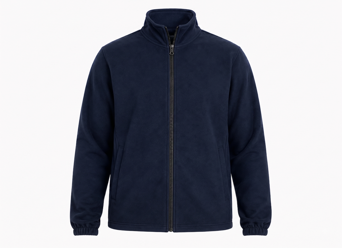A navy blue zip-up fleece jacket with a stand-up collar, side pockets, and elasticized cuffs, shown on a plain white background.
