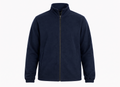 A navy blue zip-up fleece jacket with a stand-up collar, side pockets, and elasticized cuffs, shown on a plain white background.