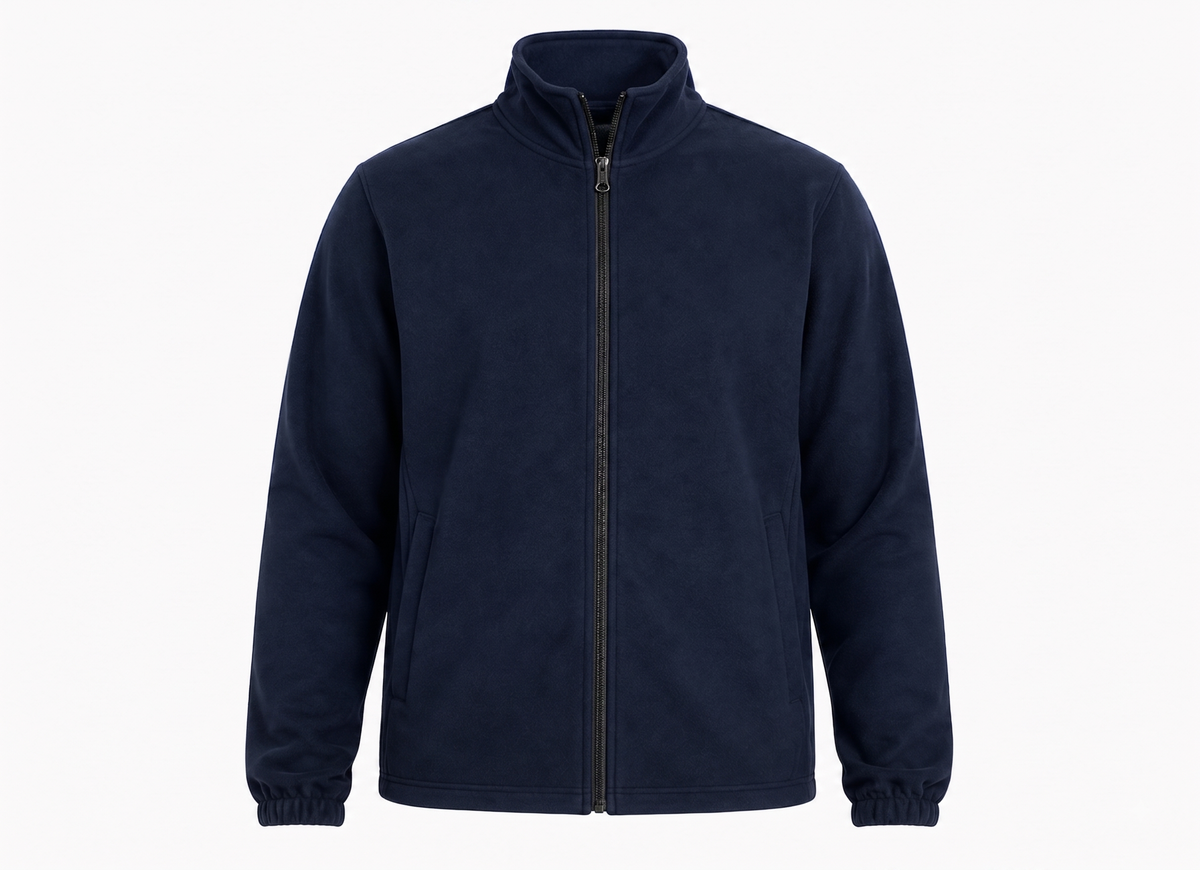 A navy blue zip-up fleece jacket with a stand-up collar, side pockets, and elasticized cuffs, shown on a plain white background.