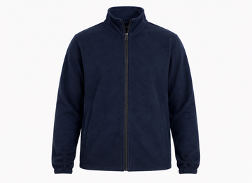 A navy blue zip-up fleece jacket with a stand-up collar, side pockets, and elasticized cuffs, shown on a plain white background.