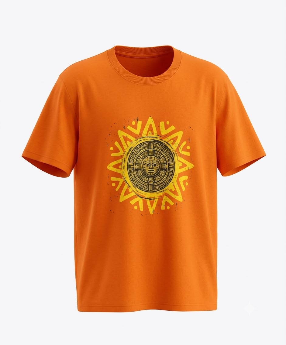 Front product view of a bright orange crewneck t-shirt featuring a circular Aztec-inspired sun face graphic in yellow and gold.