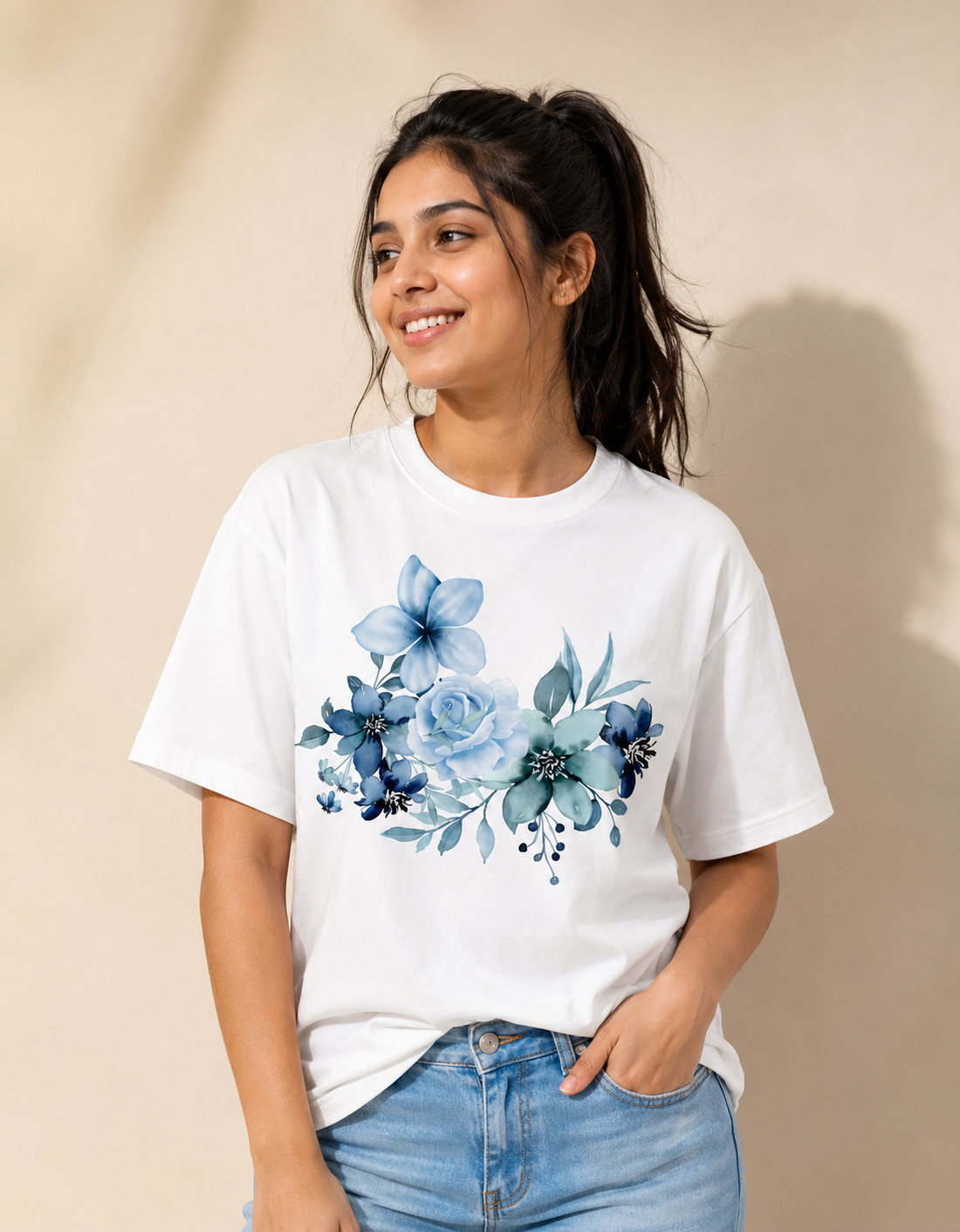 Women's Blue Floral Bouquet: Heavyweight Oversized Tee