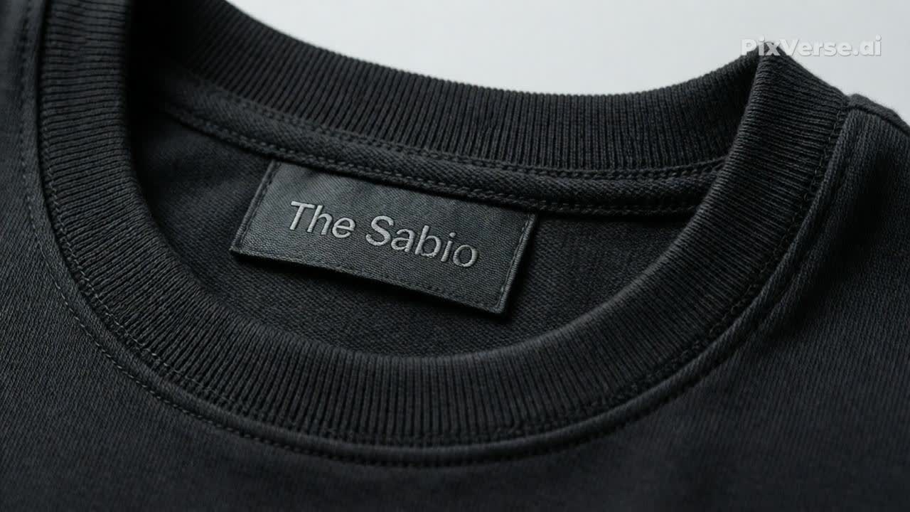 Close-up view of a minimalist black crewneck t-shirt hanging on a wooden hanger against a bright blue background.