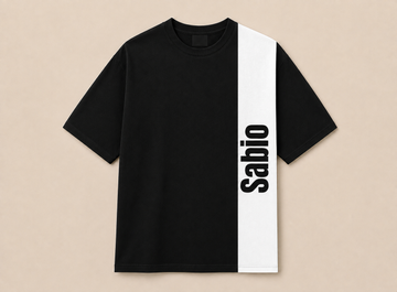 A black short-sleeve t-shirt with a bold white vertical stripe on the right side featuring the word 'Sabio' in black text, displayed flat against a light beige background.