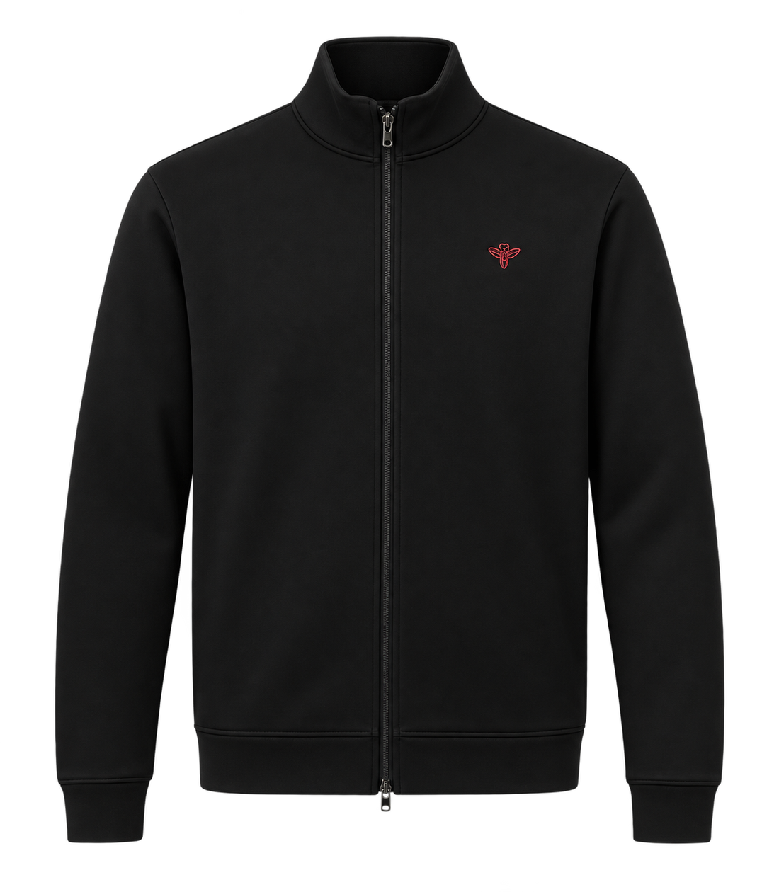 A black zip-up jacket with a stand collar, ribbed cuffs and hem, featuring a small red embroidered logo on the left chest, displayed on a clean white background.