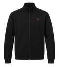 A black zip-up jacket with a stand collar, ribbed cuffs and hem, featuring a small red embroidered logo on the left chest, displayed on a clean white background.