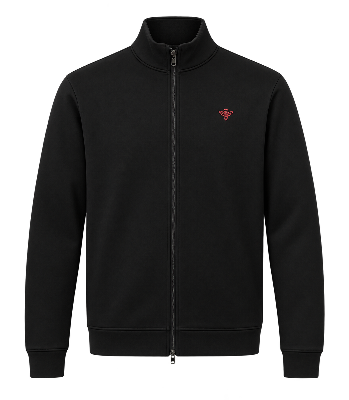 A black zip-up jacket with a stand collar, ribbed cuffs and hem, featuring a small red embroidered logo on the left chest, displayed on a clean white background.