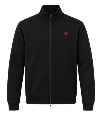 A black zip-up jacket with a stand collar, ribbed cuffs and hem, featuring a small red embroidered logo on the left chest, displayed on a clean white background.