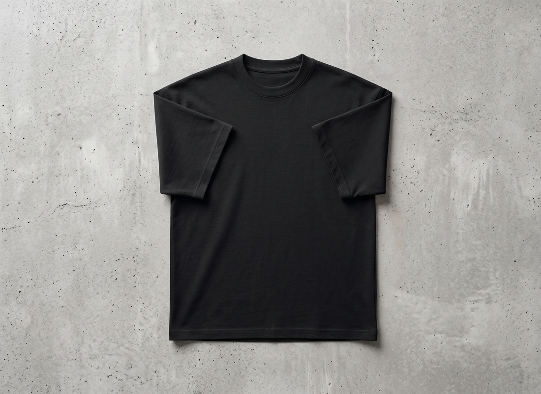 Three-dimensional ghost mannequin view of The Sabio black boxy drop-shoulder streetwear t-shirt.
