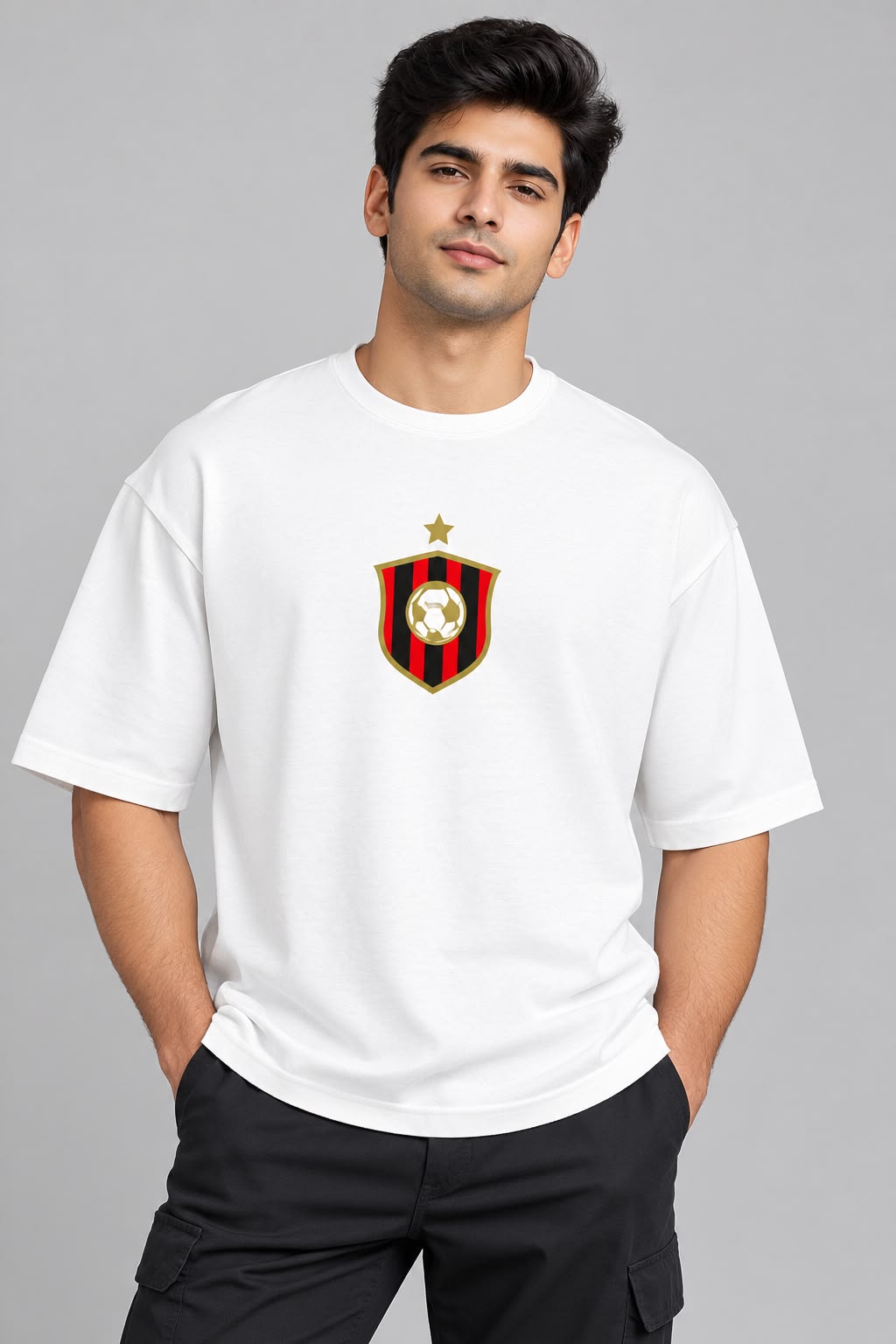 Front product flat view of The Sabio oversized white crew neck cotton t-shirt featuring central striped football crest and gold star.