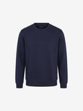 Front flat view of The Sabio men's premium navy blue heavyweight crewneck sweatshirt with ribbed cuffs and hem.