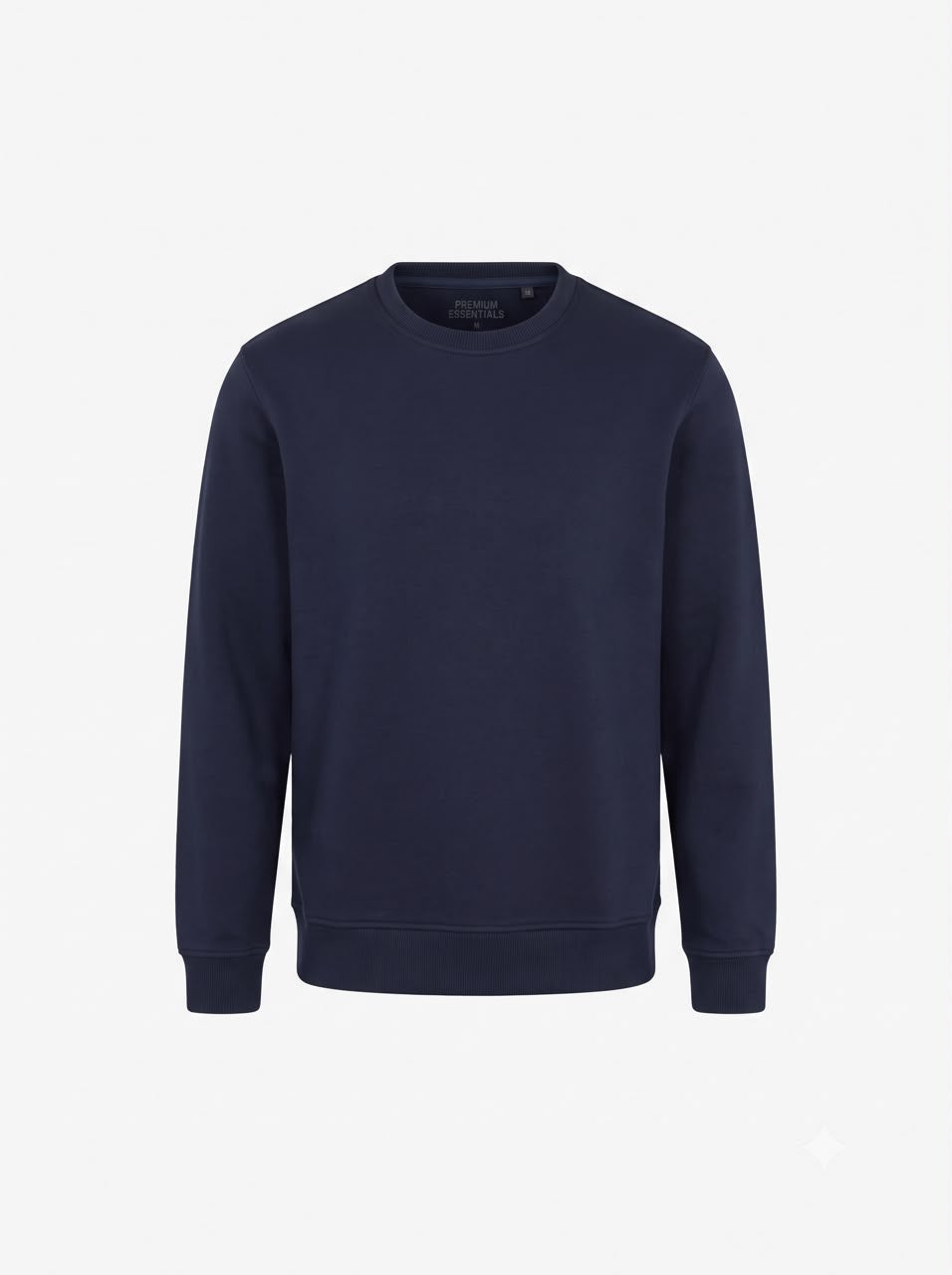 Front flat view of The Sabio men's premium navy blue heavyweight crewneck sweatshirt with ribbed cuffs and hem.