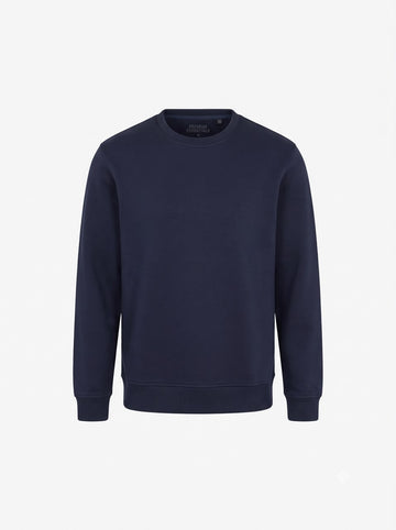 Front flat view of The Sabio men's premium navy blue heavyweight crewneck sweatshirt with ribbed cuffs and hem.