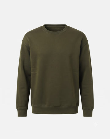 Front flat view of The Sabio men's olive green heavyweight crewneck sweatshirt with ribbed hem and cuffs.