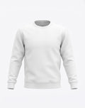 Front view flat render of The Sabio men's minimalist white crewneck sweatshirt with ribbed hem and cuffs.