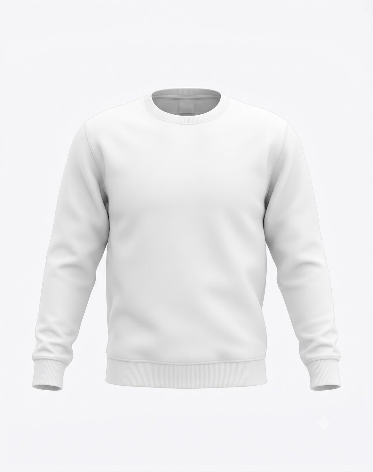 Front view flat render of The Sabio men's minimalist white crewneck sweatshirt with ribbed hem and cuffs.