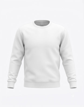Front view flat render of The Sabio men's minimalist white crewneck sweatshirt with ribbed hem and cuffs.
