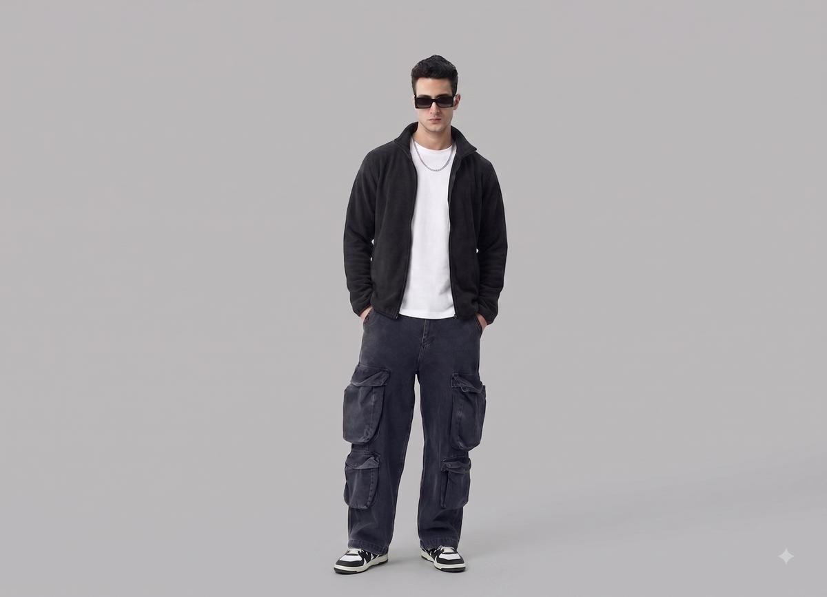 A man modeling a black zip-up fleece jacket over a white t-shirt, paired with dark gray cargo pants and black-and-white sneakers, set against a solid gray studio background.