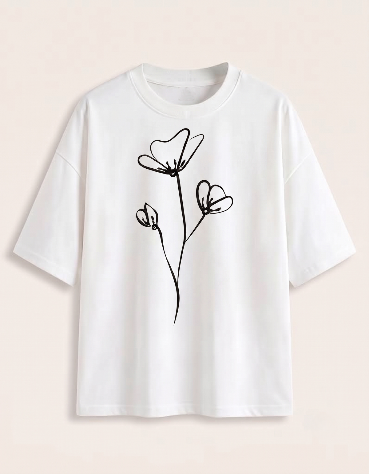 Front-facing product shot of a unisex oversized white drop-shoulder t-shirt displayed on a ghost mannequin against an off-white studio background. The chest features a minimalist black line art floral illustration with three blooming flower buds on delicate stems
