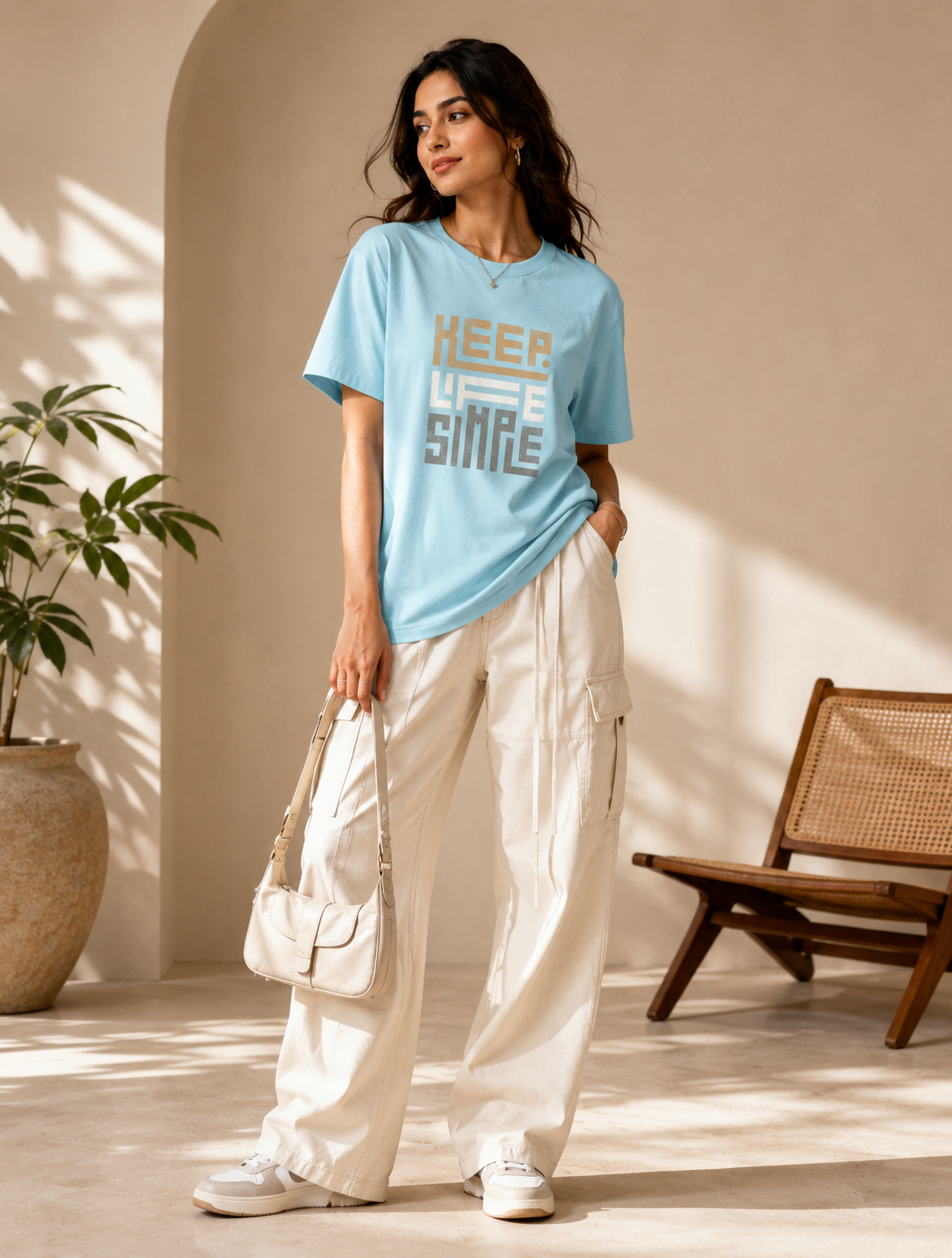 A woman stands in a sunlit indoor setting wearing a light blue graphic T-shirt with the words 'KEEP TIME' in beige and gray, paired with wide-leg cream pants, white sneakers, and a cream shoulder bag.