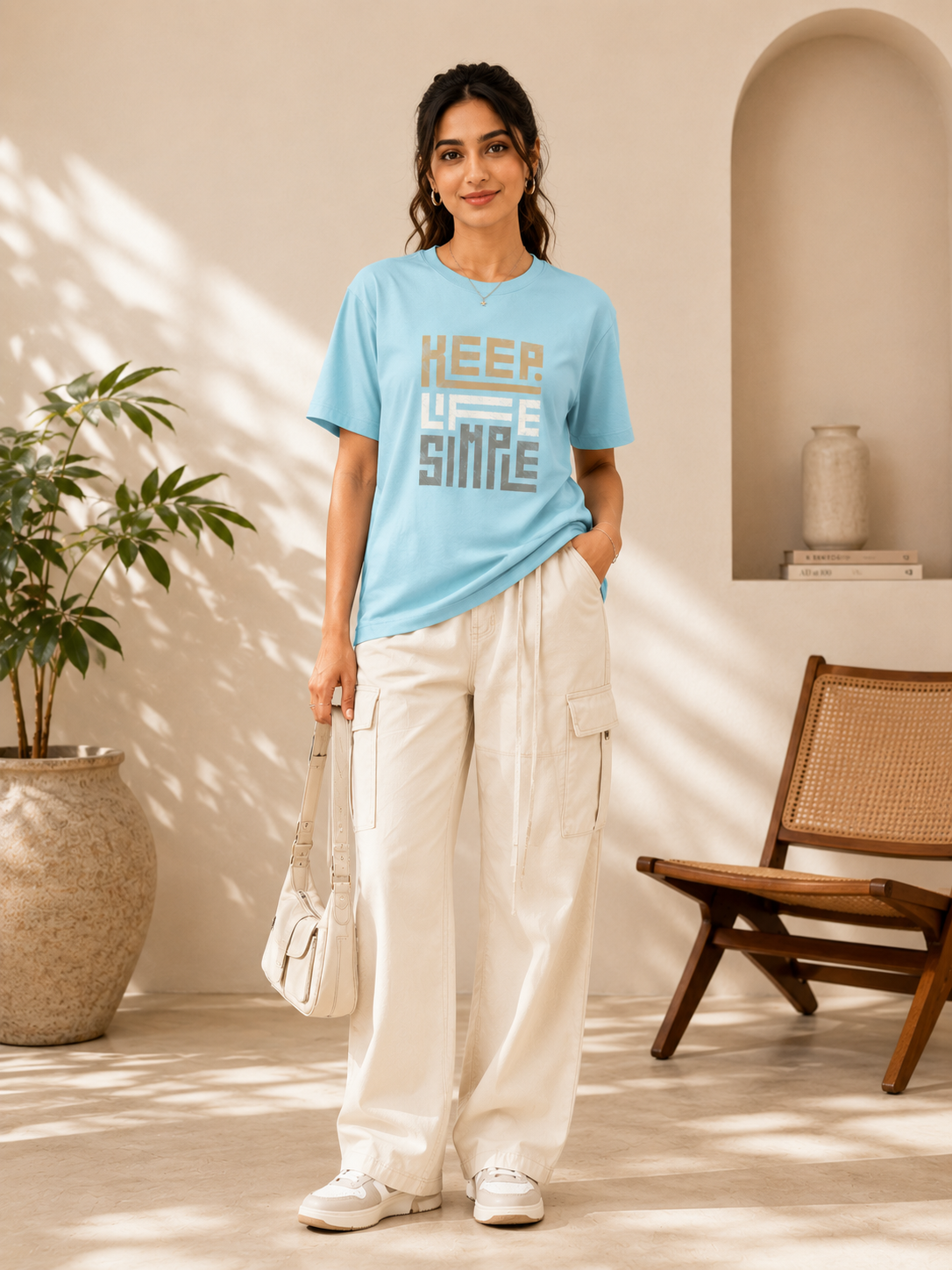 A light blue short-sleeve crewneck t-shirt with a retro-style graphic on the chest reading 'KEEP LIFE SIMPLE' in stacked blocks of tan, white, and gray, displayed against a solid beige background.