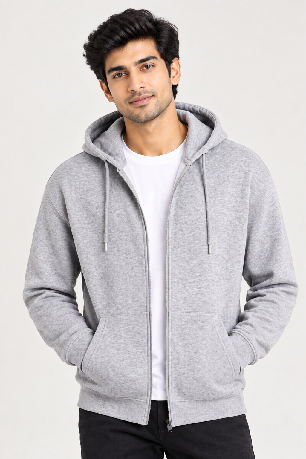 The Sabio Snowsoft grey heather loop knit fleece zipper hoodie on invisible ghost mannequin front view.
