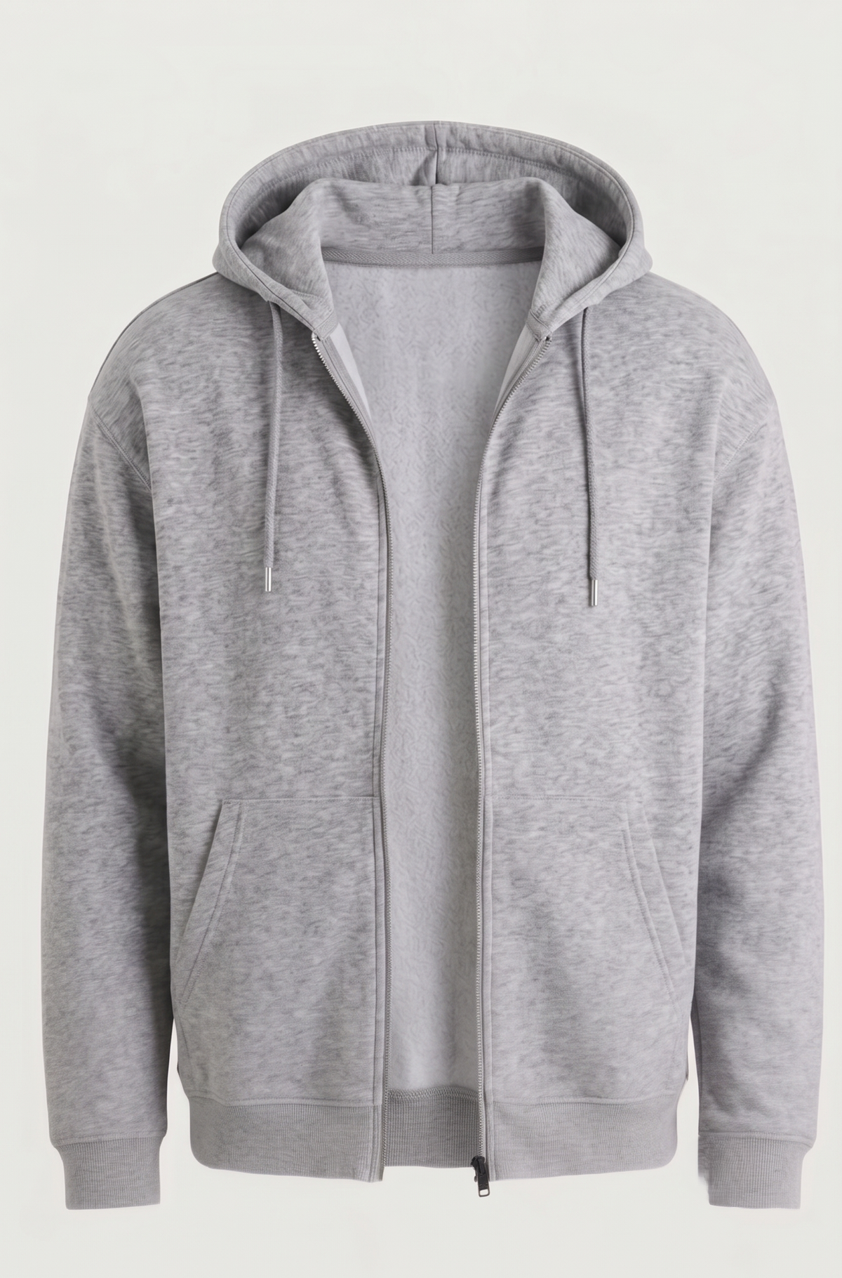 The Sabio Snowsoft grey heather loop knit fleece zipper hoodie on invisible ghost mannequin front view.