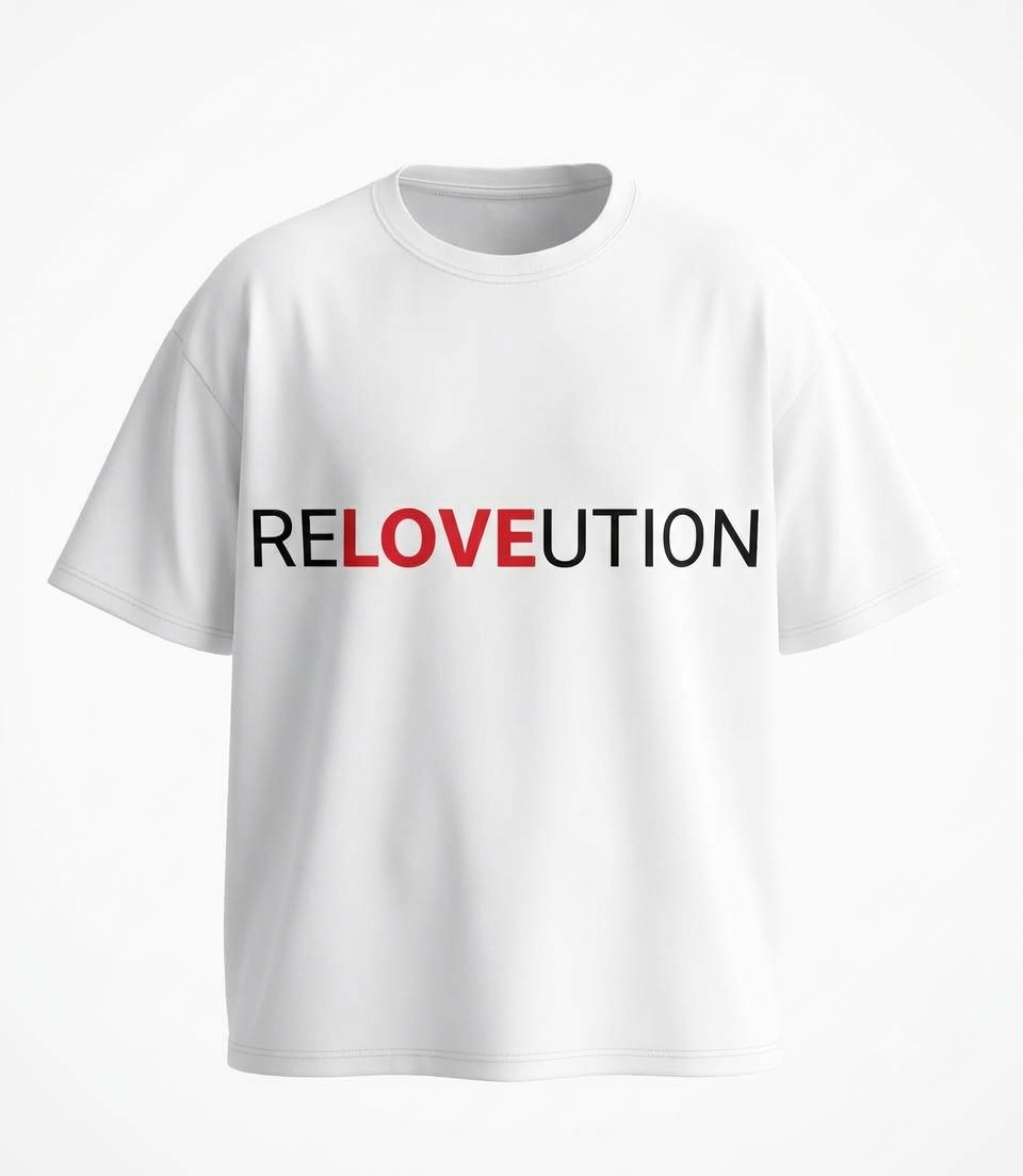 Flat view of The Sabio White Oversized T-Shirt featuring a bold RELOVEUTION graphic print across the chest with black 'RE' and 'UTION' and red 'LOVE' lettering on premium heavy-weight cotton.